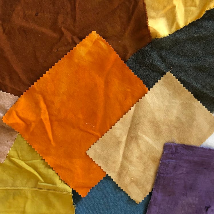 Plusieurs fibres teintes avec des plantes naturelles — ocre, vert, rouille, rose